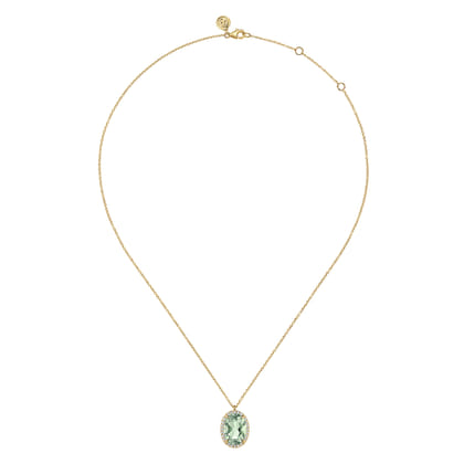 14K Yellow Gold Diamond and Oval Shape Green Amethyst Necklace With Flower Pattern J-Back