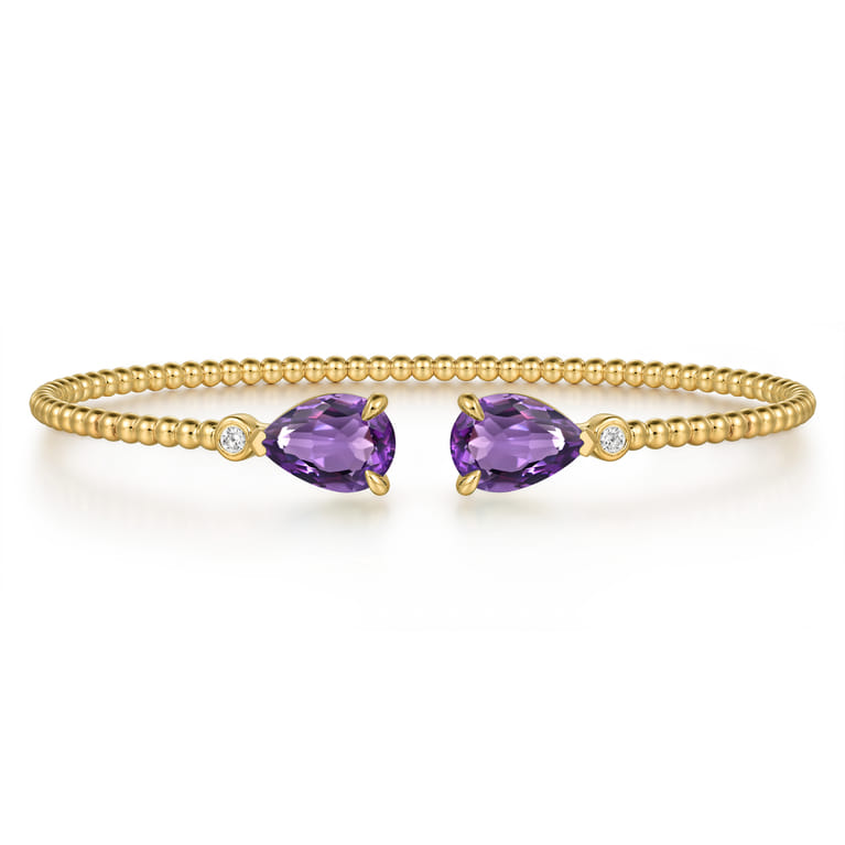 14K Yellow Gold Diamond and Pear Shape Amethyst Bujukan Bangle - 0.07 ct - Shot 1