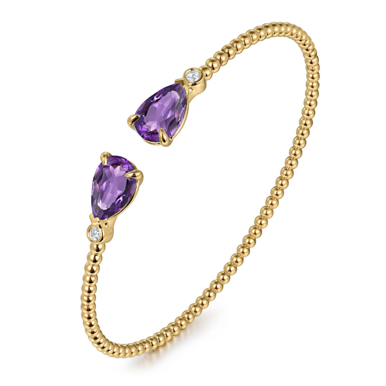 14K Yellow Gold Diamond and Pear Shape Amethyst Bujukan Bangle - 0.07 ct - Shot 2