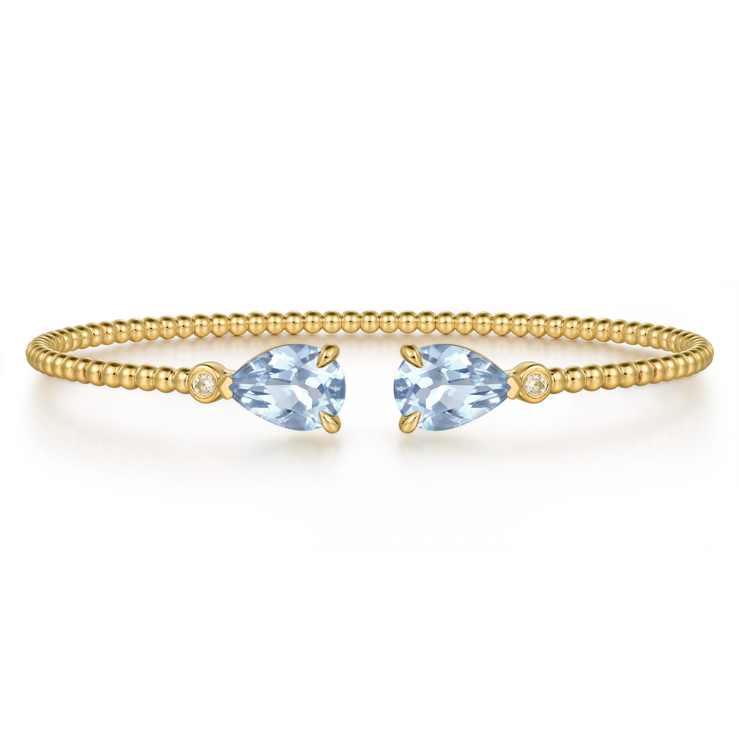 14K Yellow Gold Diamond and Pear Shape Aquamarine Bujukan Bangle - 0.07 ct - Shot 1