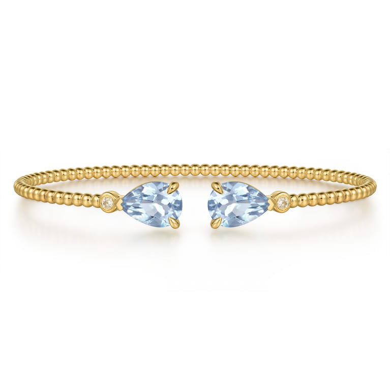14K Yellow Gold Diamond and Pear Shape Aquamarine Bujukan Bangle - 0.07 ct - Shot 1