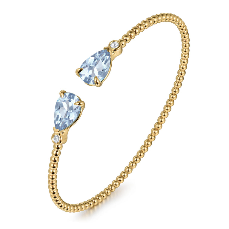 14K Yellow Gold Diamond and Pear Shape Aquamarine Bujukan Bangle - 0.07 ct - Shot 2