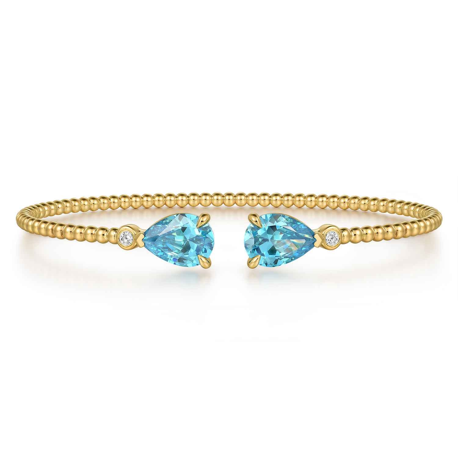 14K Yellow Gold Diamond and Pear Shape Blue Topaz Bujukan Bangle - 0.07 ct - Shot 1