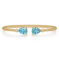 14K Yellow Gold Diamond and Pear Shape Blue Topaz Bujukan Bangle