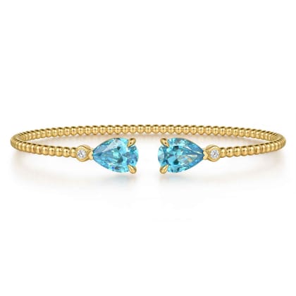 14K Yellow Gold Diamond and Pear Shape Blue Topaz Bujukan Bangle