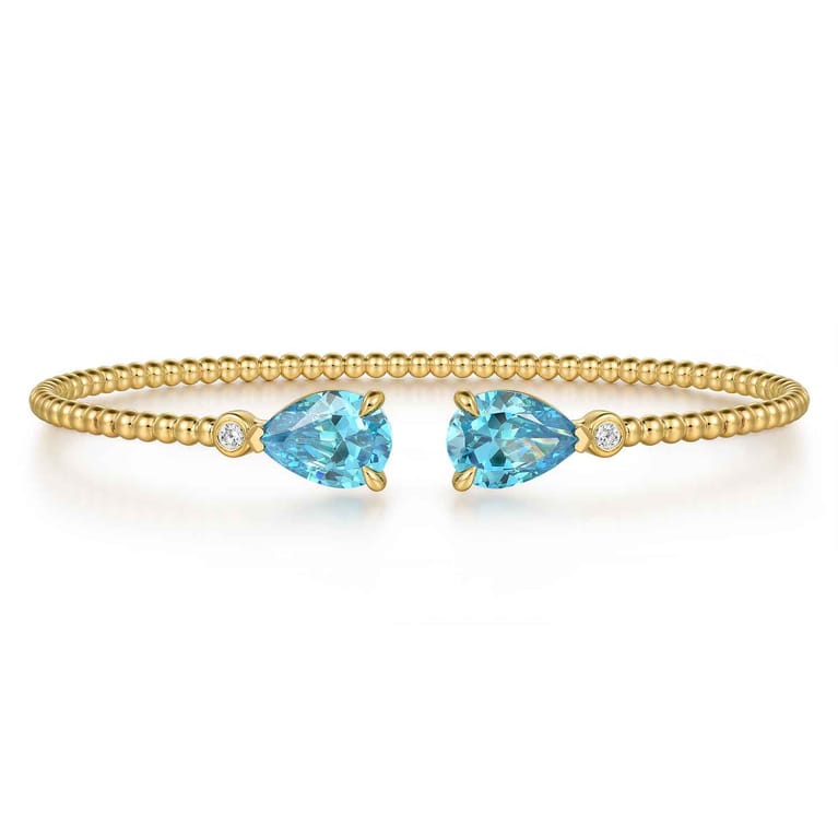 14K Yellow Gold Diamond and Pear Shape Blue Topaz Bujukan Bangle - 0.07 ct - Shot 1