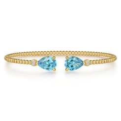 14K Yellow Gold Diamond and Pear Shape  Blue Topaz Bujukan Bangle