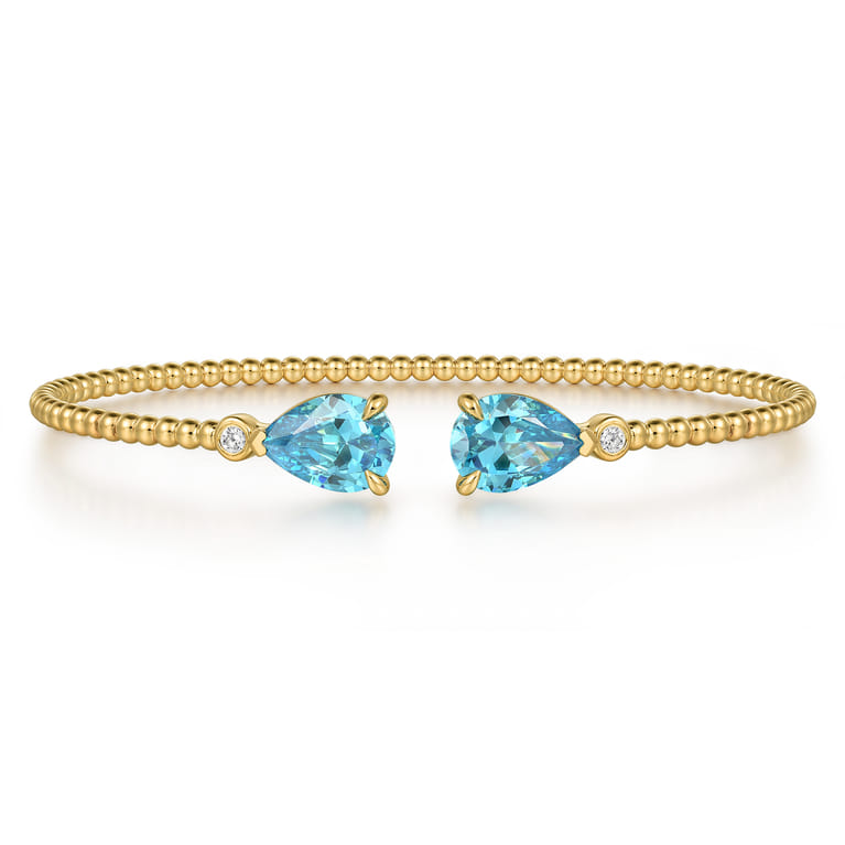 14K Yellow Gold Diamond and Pear Shape Blue Topaz Bujukan Bangle - 0.07 ct - Shot 1