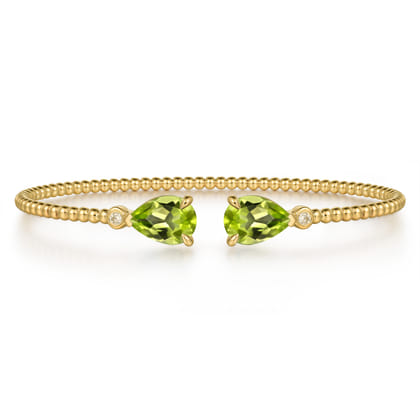 14K Yellow Gold Diamond and Pear Shape Peridot Bujukan Bangle