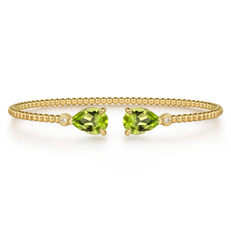 14K Yellow Gold Diamond and Pear Shape Peridot Bujukan Bangle - 0.07 ct - Shot 1