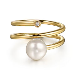 14K Yellow Gold Diamond and Pearl Bypass Ring