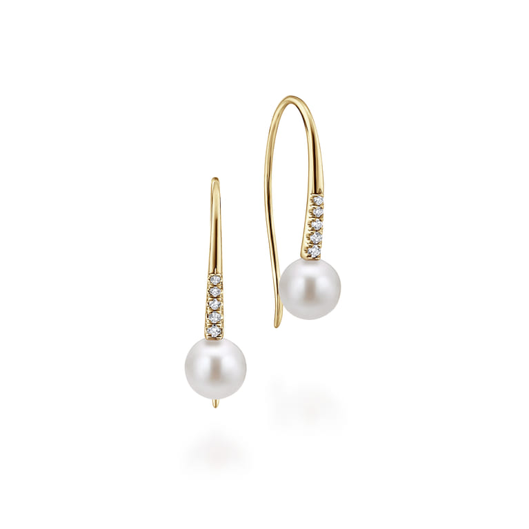 14K Yellow Gold Diamond and Pearl Fish Wire Drop Earrings - 0.08 ct - Shot 1