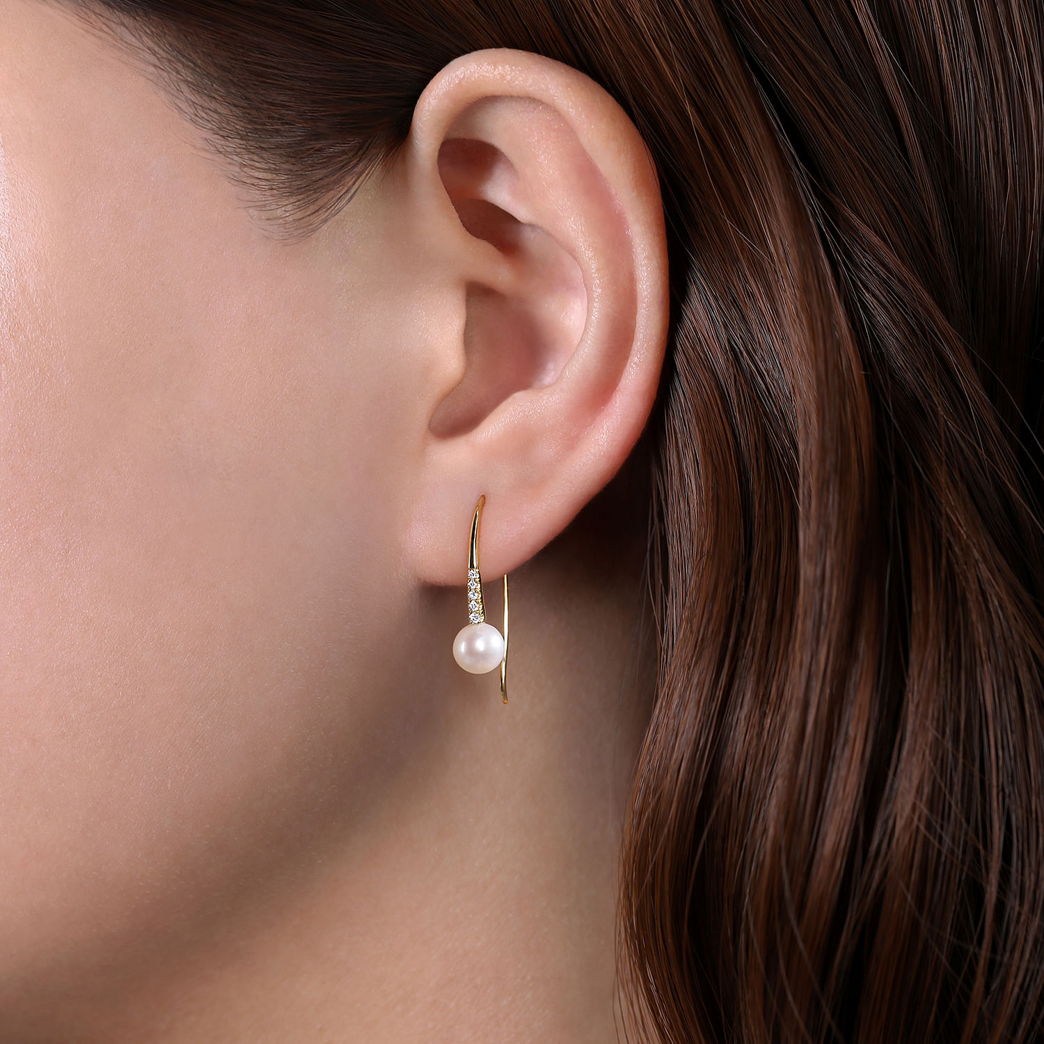 14K Yellow Gold Diamond and Pearl Fish Wire Drop Earrings
