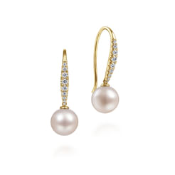 14K Yellow Gold Diamond and Pearl Fish Wire Drop Earrings