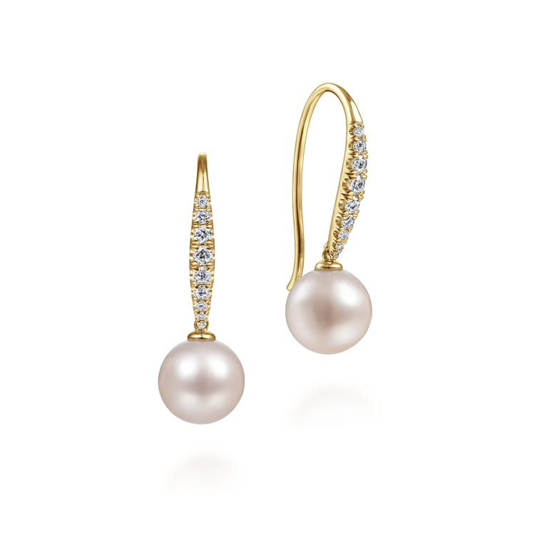 14K Yellow Gold Diamond and Pearl Fish Wire Drop Earrings - 0.3 ct - Shot 1