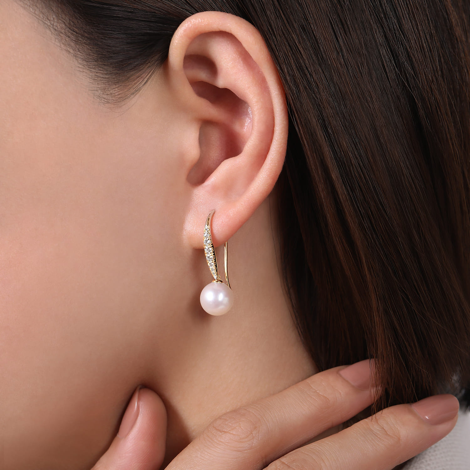 14K Yellow Gold Diamond and Pearl Fish Wire Drop Earrings - 0.3 ct - Shot 2