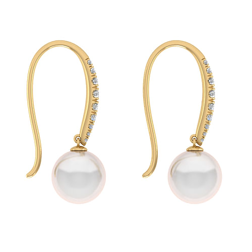 14K Yellow Gold Diamond and Pearl Fish Wire Drop Earrings | Shop 14k ...