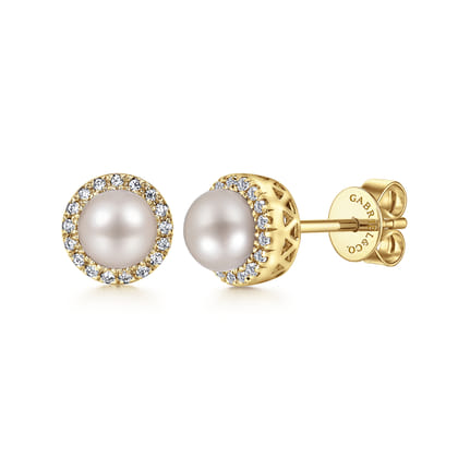 14K Yellow Gold Diamond and Pearl Halo Stud Earrings