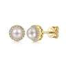 14K Yellow Gold Diamond and Pearl Halo Stud Earrings - 0.1 ct