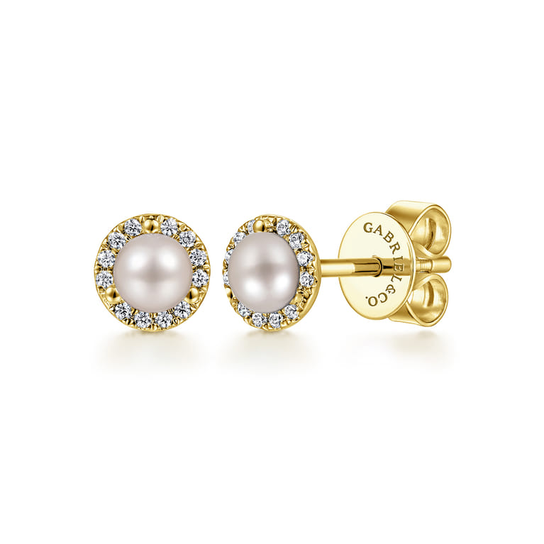 14K Yellow Gold Diamond and Pearl stud Earrings - Shot 1