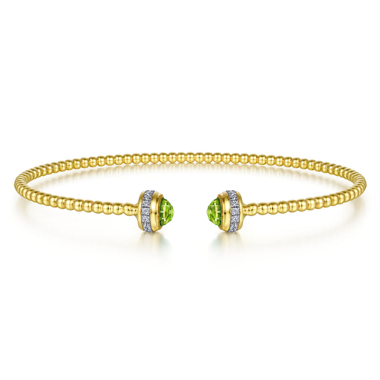 14K Yellow Gold Diamond and Peridot Bujukan Open Bangle - 0.2 ct - Shot 1