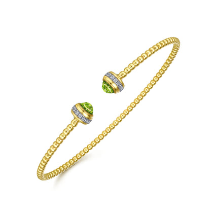 14K Yellow Gold Diamond and Peridot Bujukan Open Bangle