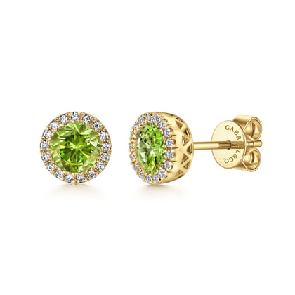 14K Yellow Gold Diamond and Peridot Halo Stud Earrings