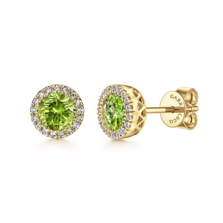 14K Yellow Gold Diamond and Peridot Halo Stud Earrings - 0.1 ct - Shot 1
