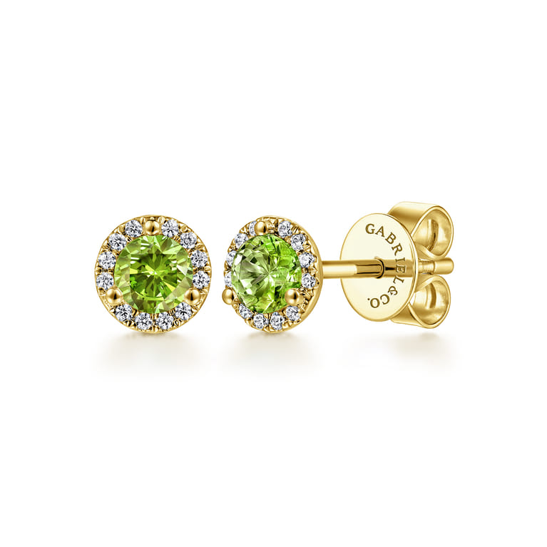 14K Yellow Gold Diamond and Peridot Halo Stud Earrings - 0.09 ct - Shot 1