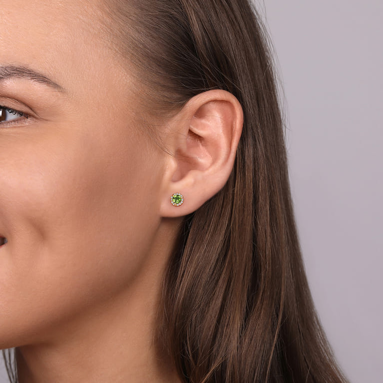 14K Yellow Gold Diamond and Peridot Halo Stud Earrings - 0.09 ct - Shot 2