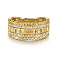 14K Yellow Gold Diamond and Rope Wide Band Ladies Ring