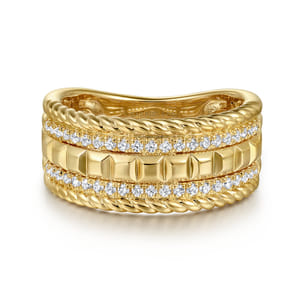 14K Yellow Gold Diamond and Rope Wide Band Ladies Ring