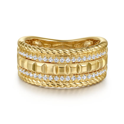 14K Yellow Gold Diamond and Rope Wide Band Ladies Ring