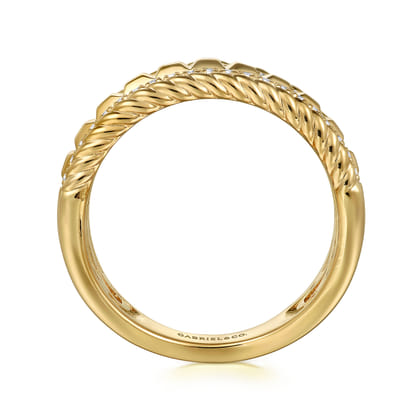 14K Yellow Gold Diamond and Rope Wide Band Ladies Ring