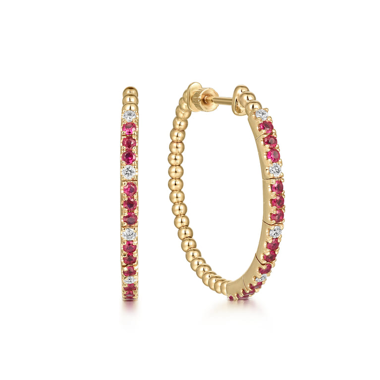 14K Yellow Gold Diamond and Ruby Bujukan 30mm Classic Hoop Earrings - 0.22 ct - Shot 1