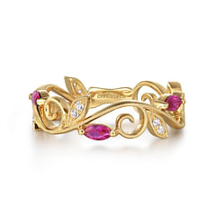 14K Yellow Gold Diamond and Ruby Filigree Pattern Stackable Ladies Ring
