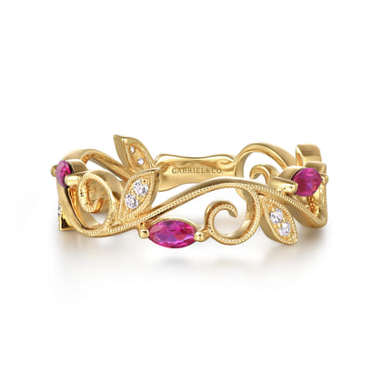 14K Yellow Gold Diamond and Ruby Filigree Pattern Stackable Ladies Ring