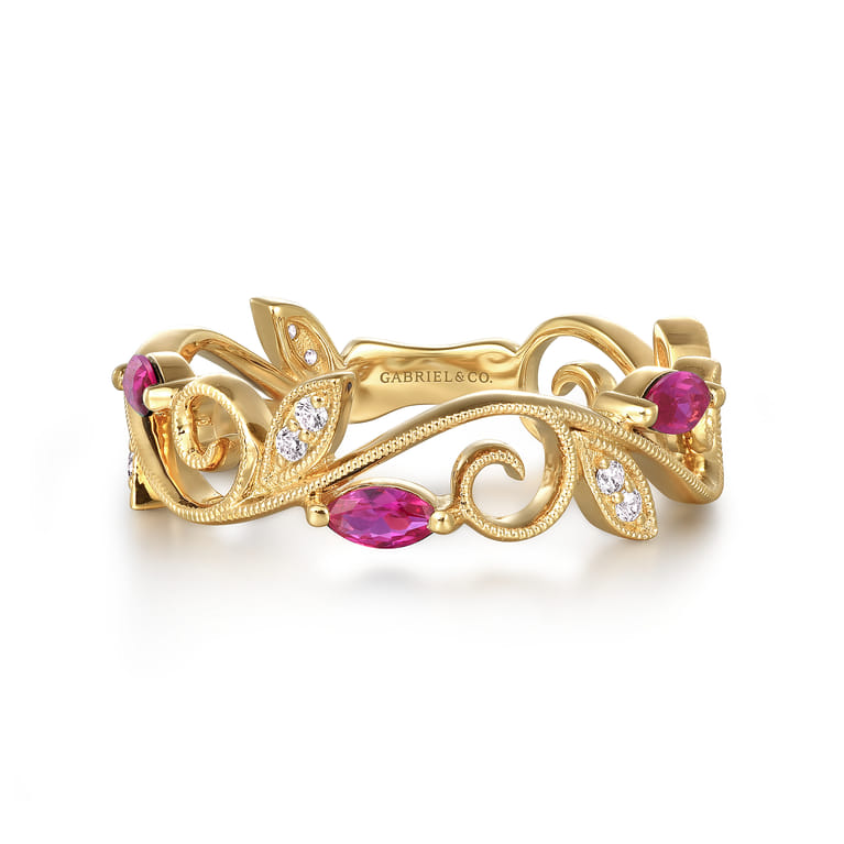 14K Yellow Gold Diamond and Ruby Filigree Pattern Stackable Ladies Ring - 0.06 ct - Shot 1