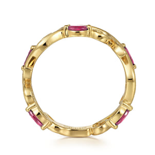 14K Yellow Gold Diamond and Ruby Filigree Pattern Stackable Ladies Ring