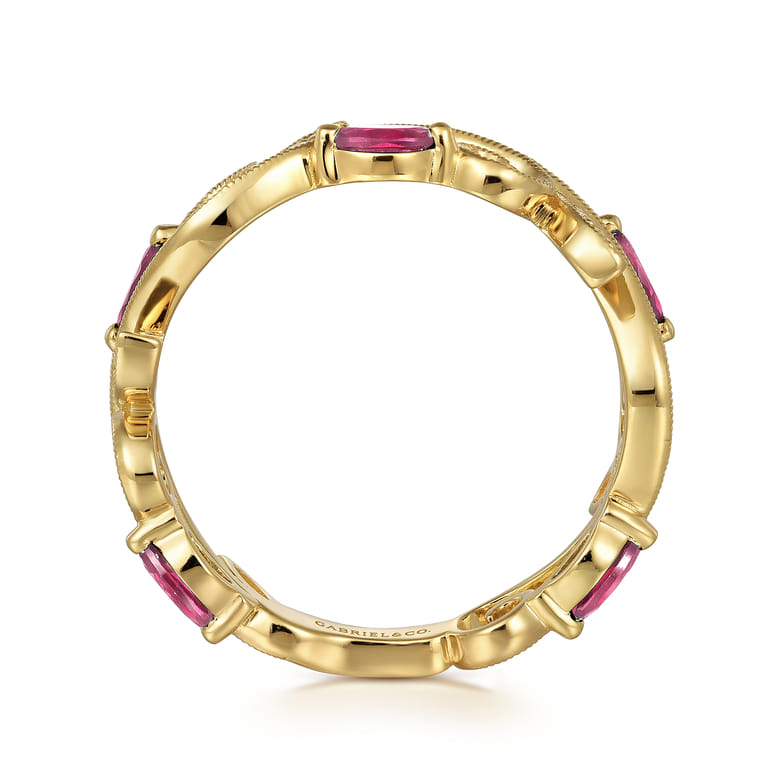 14K Yellow Gold Diamond and Ruby Filigree Pattern Stackable Ladies Ring - 0.06 ct - Shot 2