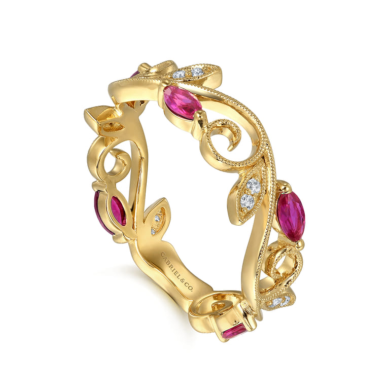 14K Yellow Gold Diamond and Ruby Filigree Pattern Stackable Ladies Ring - 0.06 ct - Shot 3