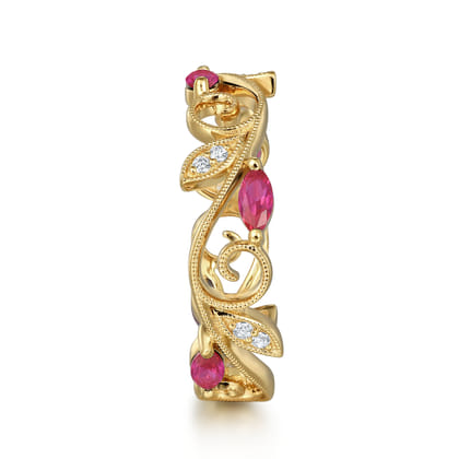 14K Yellow Gold Diamond and Ruby Filigree Pattern Stackable Ladies Ring