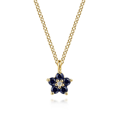 14K Yellow Gold Diamond and Sapphire Flower Pendant Necklace