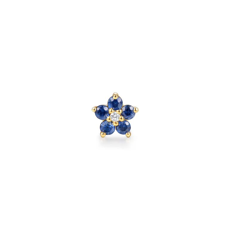 14K Yellow Gold Diamond and Sapphire Flower Single Flatback Stud Earring - 0.01 ct - Shot 1