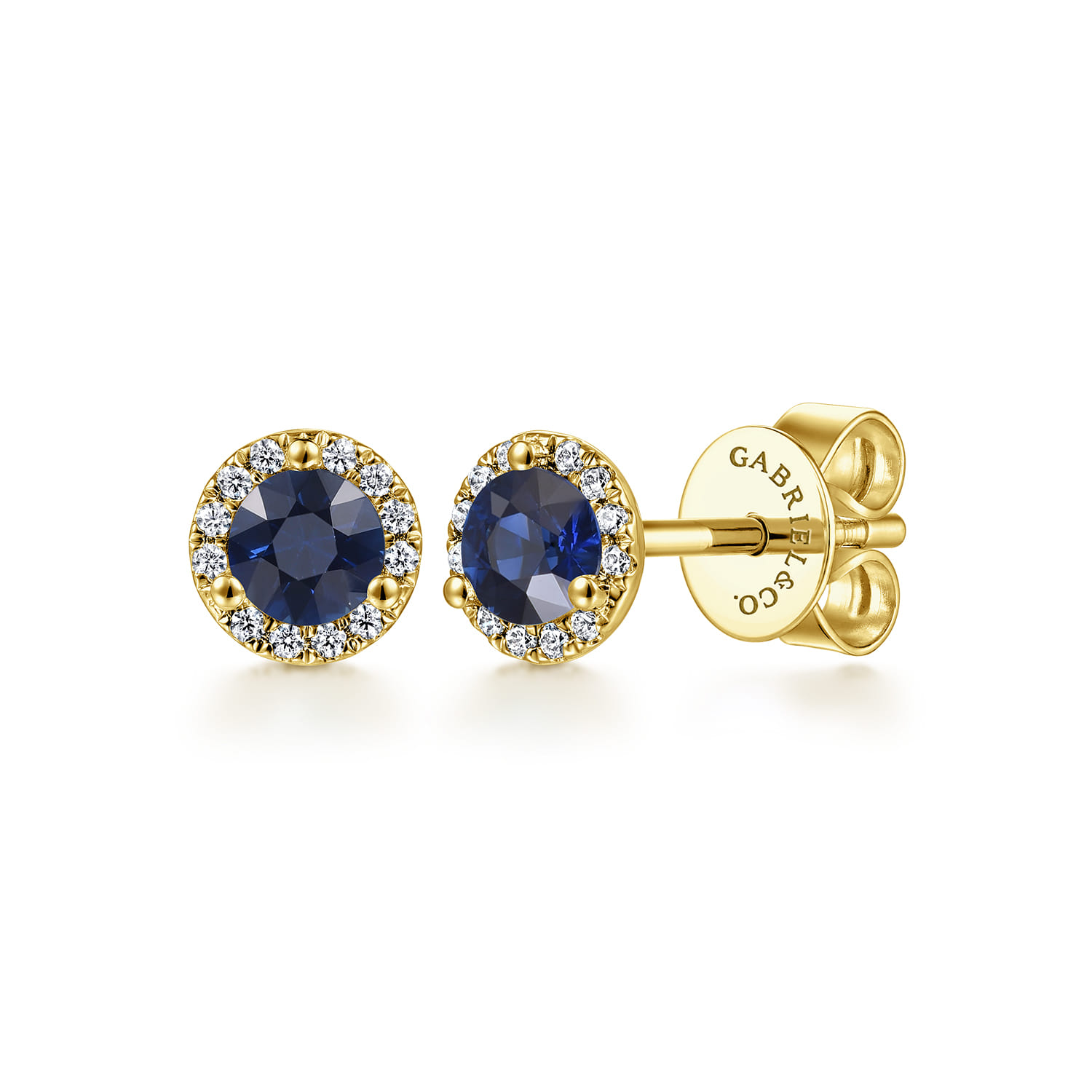 14K Yellow Gold Diamond and Sapphire Halo Stud Earrings - 0.09 ct - Shot 1