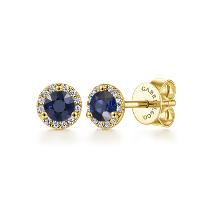 14K Yellow Gold Diamond and Sapphire Halo Stud Earrings