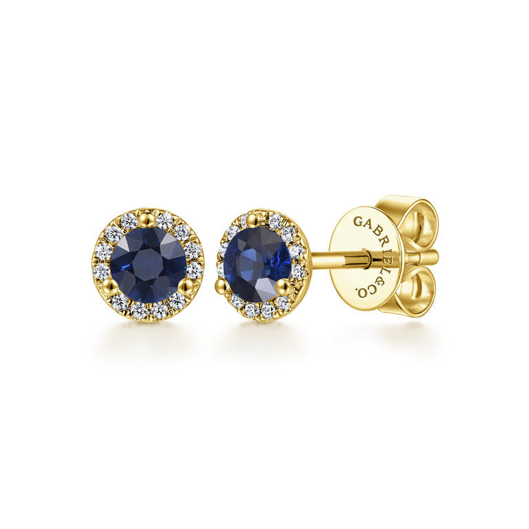 14K Yellow Gold Diamond and Sapphire Halo Stud Earrings - 0.09 ct - Shot 1
