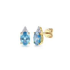 14K Yellow Gold Diamond and Swiss Blue Topaz Stud Earrings