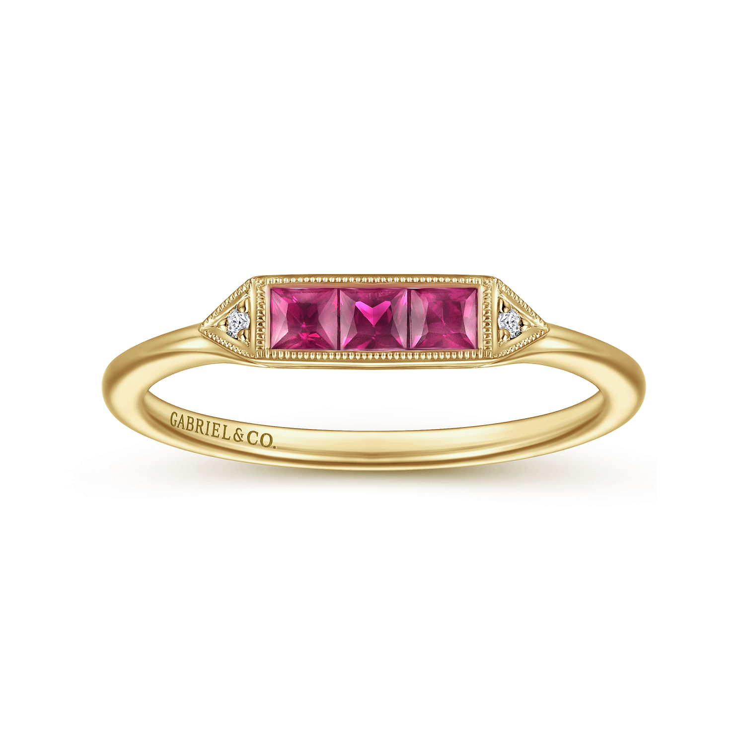 14K Yellow Gold Diamond and Trio Princess Cut Ruby Stackable Ring