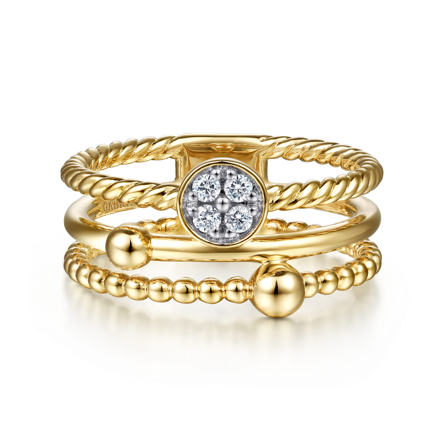 14K Yellow Gold Diamond and Twisted Rope Bujukan Easy Stackable Ring - 0.09 ct - Shot 1